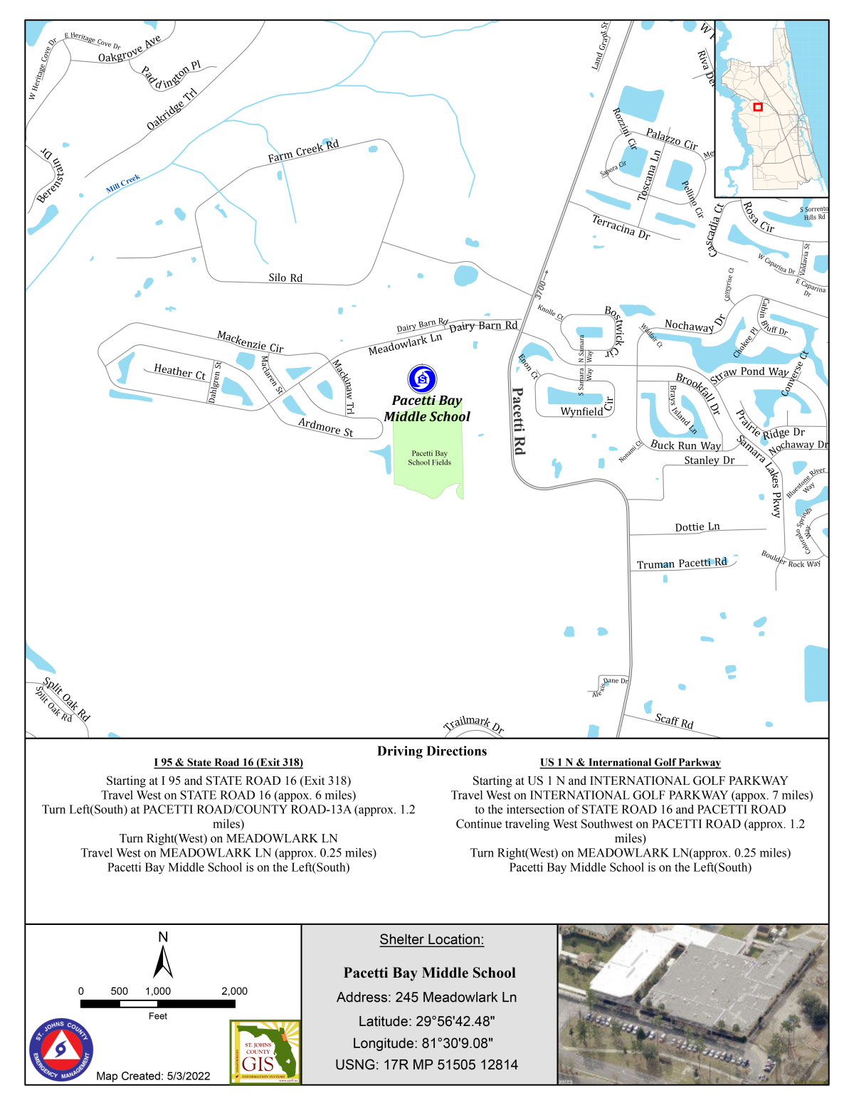 Special Needs shelter map - Pacetti Bay Middle School - 245 Meadowlark Ln.